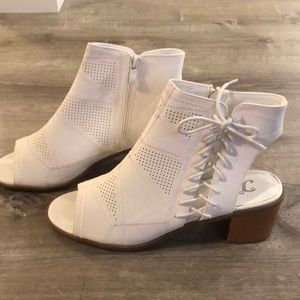White open toe block heel booties